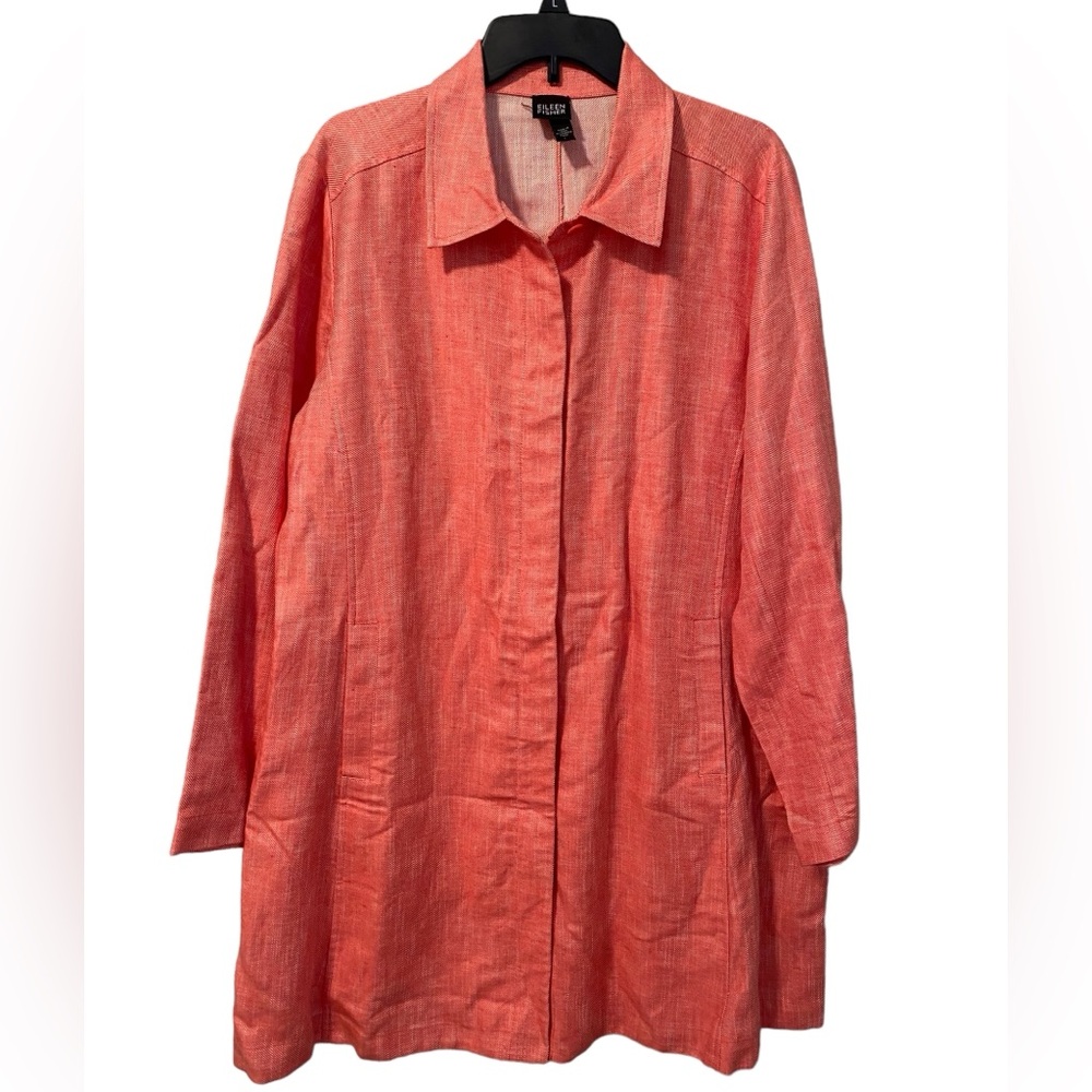 Eileen Fisher Linen Blend Longline Button Down Jacket Blazer